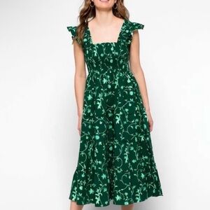 Hill House Home The Ellie Nap Dress Green Botanical Floral Smocked Midi Small